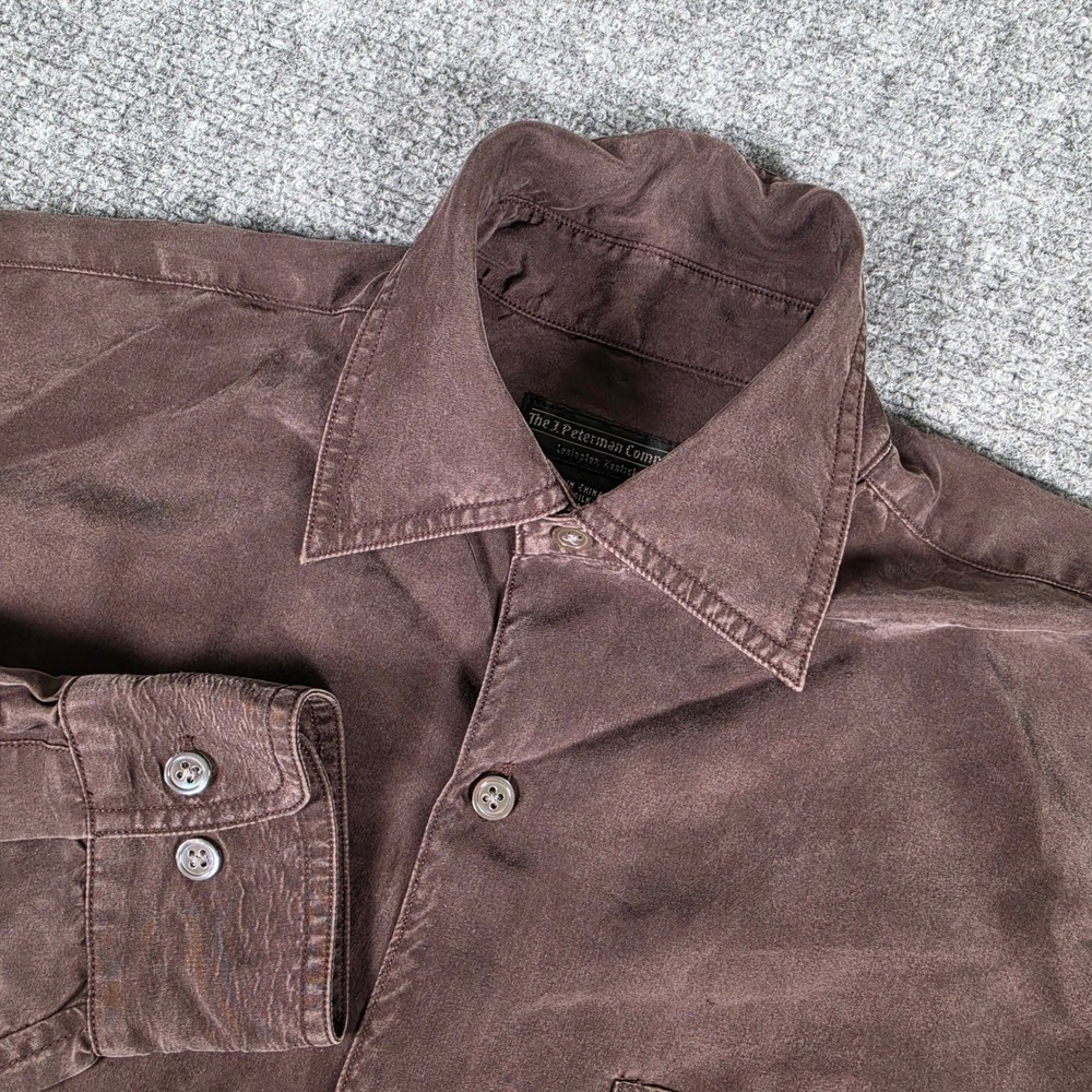 Vtg J. Peterman Silk Button Up Shirt Mens S Brown Silk Sueded Long Sleeve Shirt